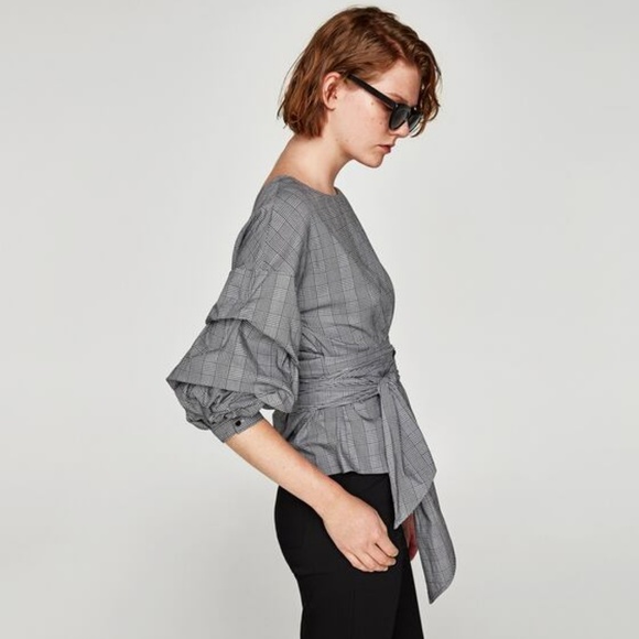 NWT Zara Size S Plaid Ruched Wrap Blouse - Picture 4 of 7